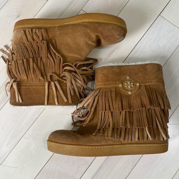 Tory Burch Women's Suede Shearling Lined Collins Fringe Winter Boots Tan Size 7 - Picture 1 of 6